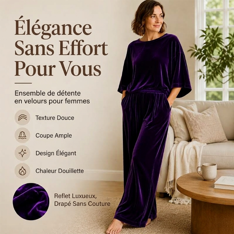 Ensemble haut à manches courtes en velours et pantalon large pour femme
