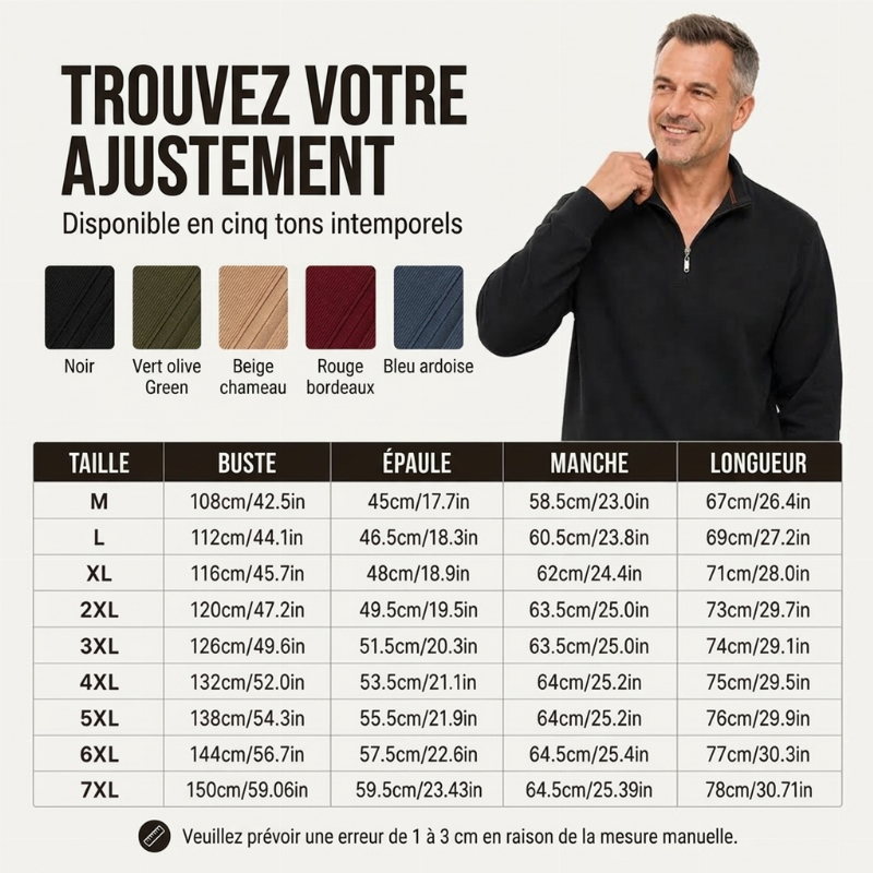 Sweat-shirt côtelé à demi-zip pour homme avec doublure chaude