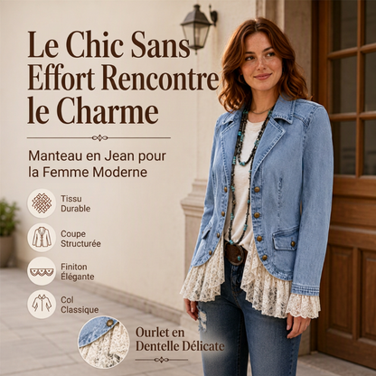 Veste en jean pour femme à col tailleur et ourlet en dentelle