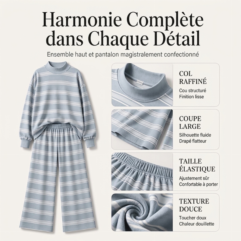 Ensemble haut rayé à col montant pour femme et pantalon à jambe large