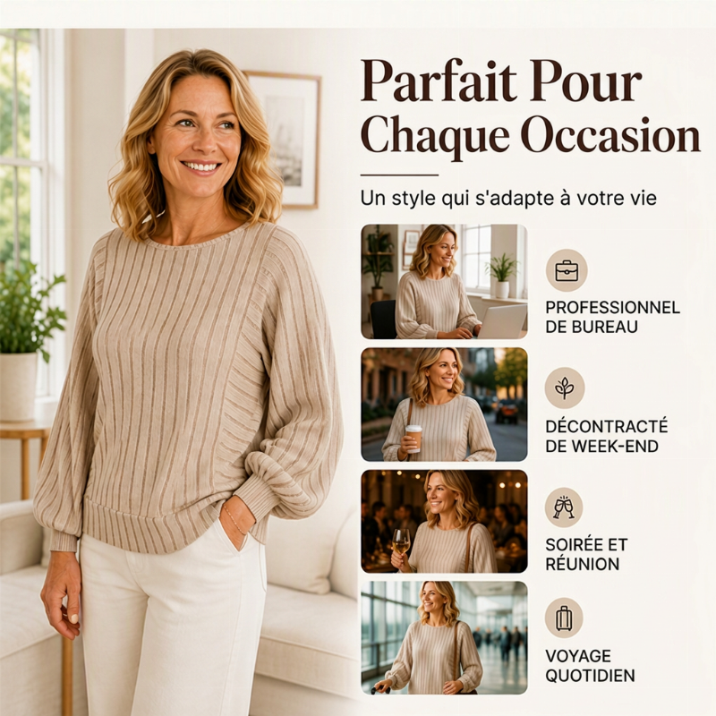 Pull en maille côtelée à manches lanternes, style décontracté pour femme