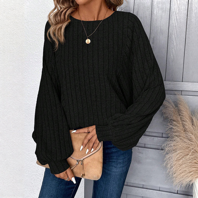 Pull en maille côtelée à manches lanternes, style décontracté pour femme