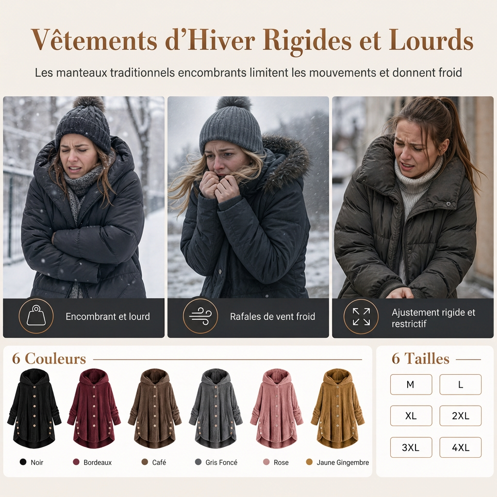 Manteau en peluche doublée polaire asymétrique à boutons, unis pour femme, hiver