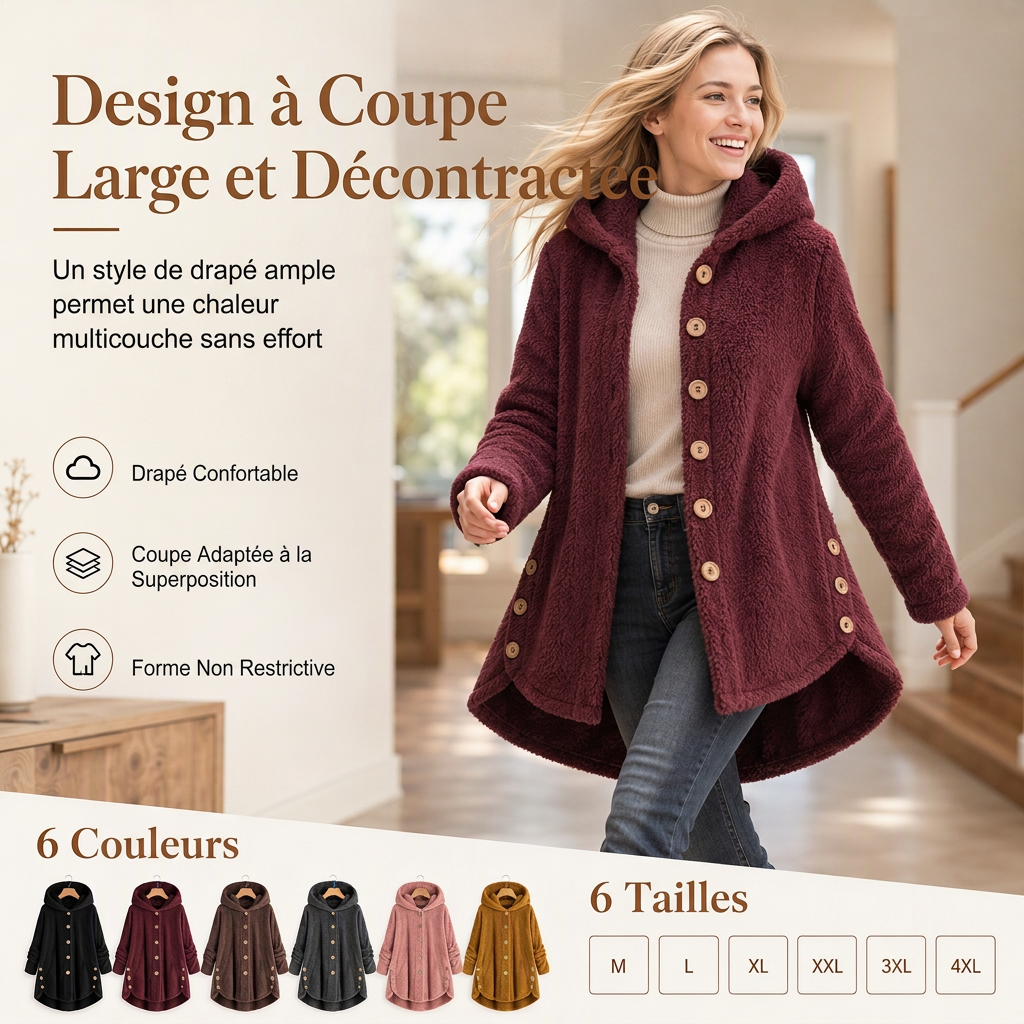 Manteau en peluche doublée polaire asymétrique à boutons, unis pour femme, hiver