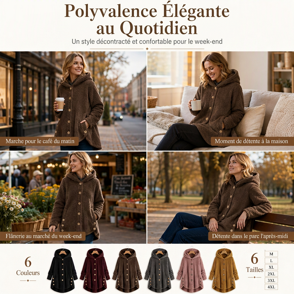 Manteau en peluche doublée polaire asymétrique à boutons, unis pour femme, hiver