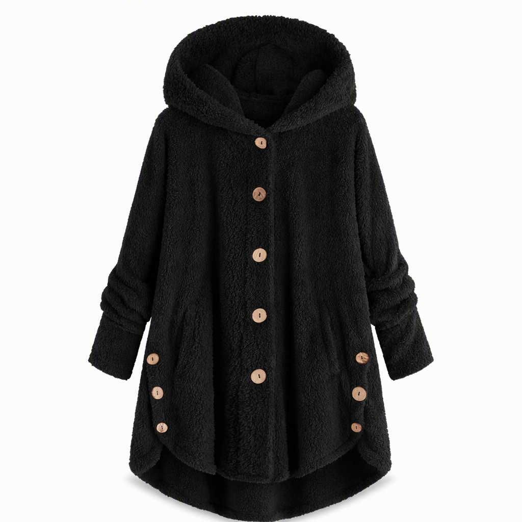 Manteau en peluche doublée polaire asymétrique à boutons, unis pour femme, hiver