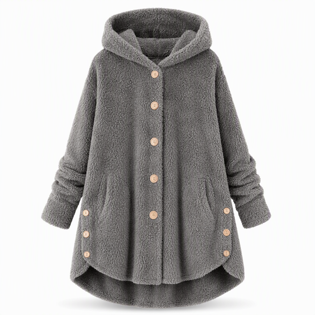 Manteau en peluche doublée polaire asymétrique à boutons, unis pour femme, hiver