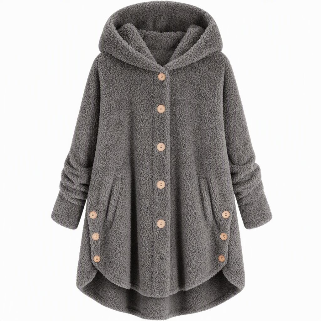Manteau en peluche doublée polaire asymétrique à boutons, unis pour femme, hiver