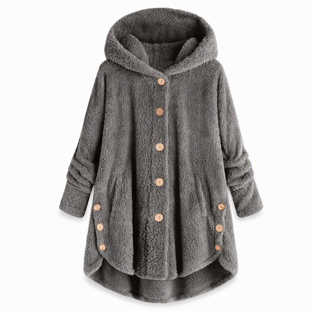 Manteau en peluche doublée polaire asymétrique à boutons, unis pour femme, hiver