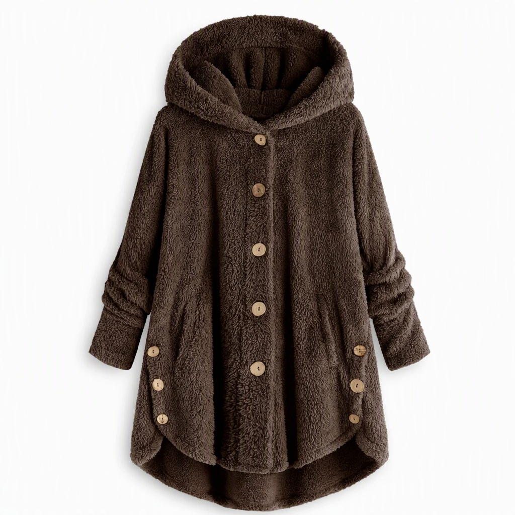 Manteau en peluche doublée polaire asymétrique à boutons, unis pour femme, hiver