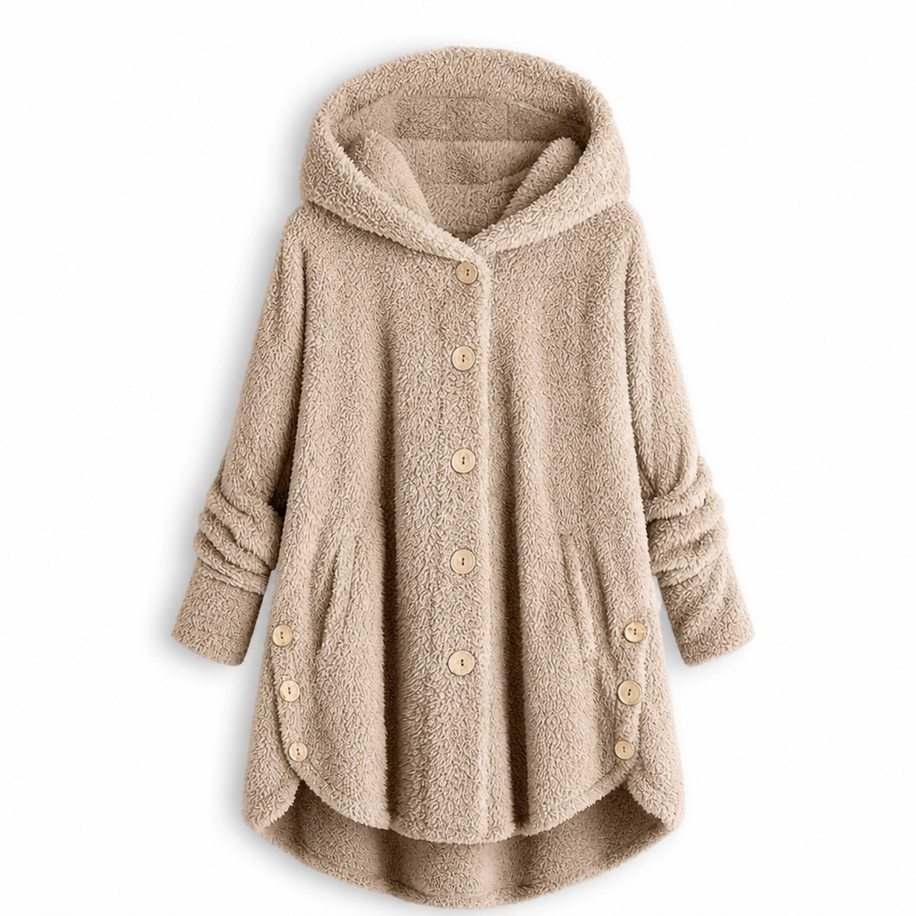Manteau en peluche doublée polaire asymétrique à boutons, unis pour femme, hiver