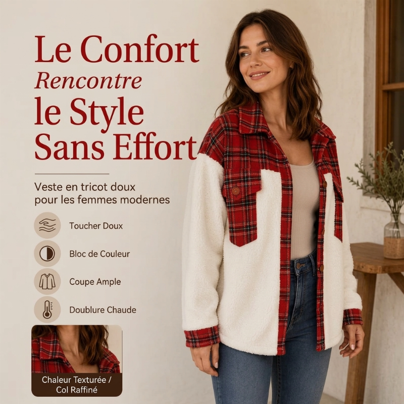 Veste femme à carreaux en peluche avec patchwork et boutonnage