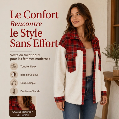 Veste femme à carreaux en peluche avec patchwork et boutonnage