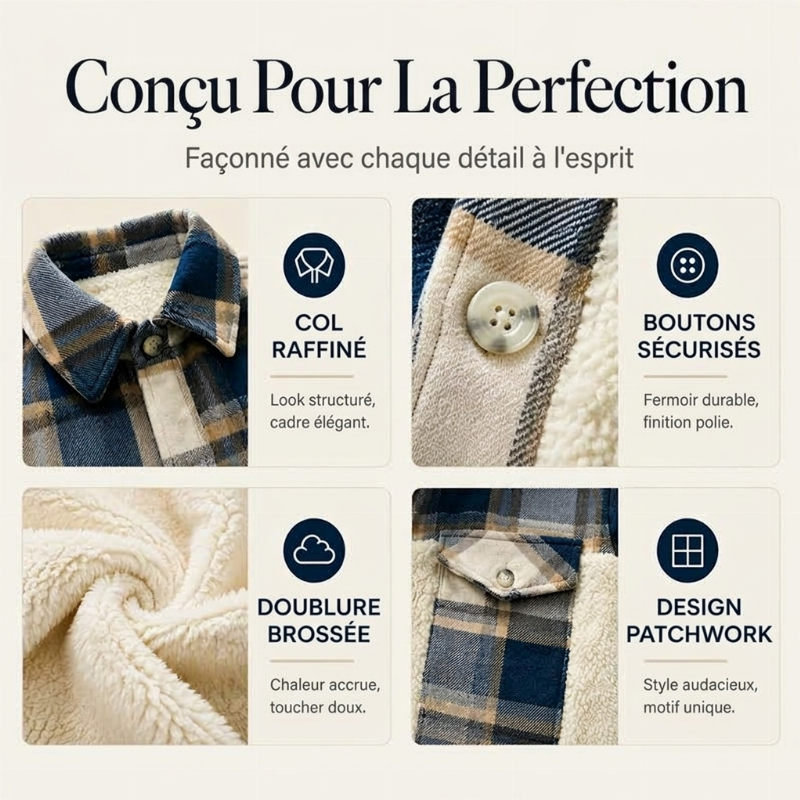 Veste femme à carreaux en peluche avec patchwork et boutonnage