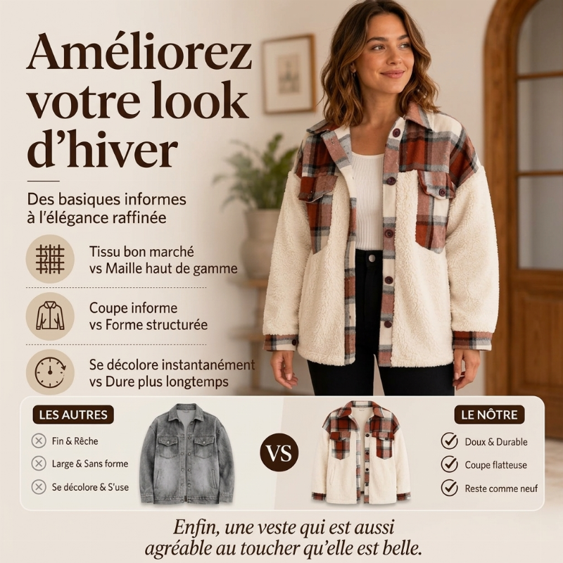Veste femme à carreaux en peluche avec patchwork et boutonnage