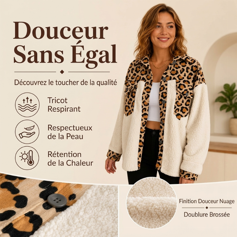 Veste femme à carreaux en peluche avec patchwork et boutonnage