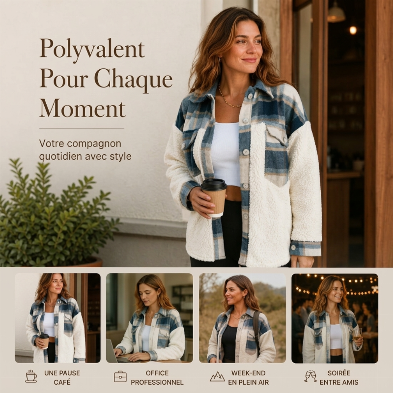 Veste femme à carreaux en peluche avec patchwork et boutonnage