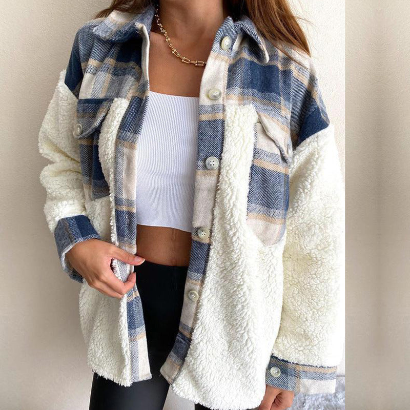 Veste femme à carreaux en peluche avec patchwork et boutonnage
