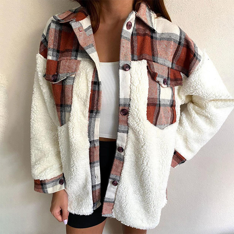 Veste femme à carreaux en peluche avec patchwork et boutonnage