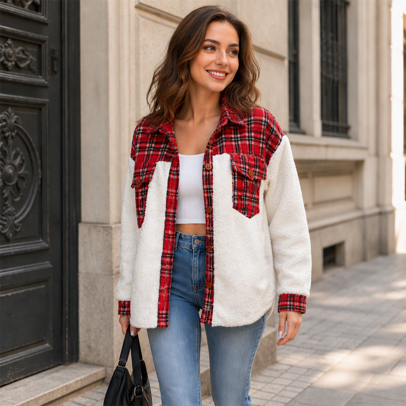 Veste femme à carreaux en peluche avec patchwork et boutonnage