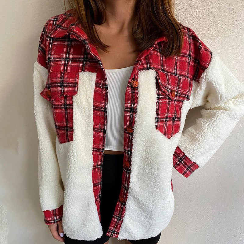 Veste femme à carreaux en peluche avec patchwork et boutonnage