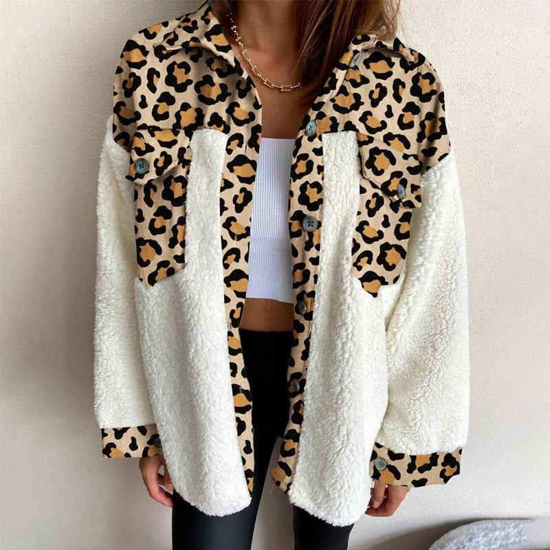 Veste femme à carreaux en peluche avec patchwork et boutonnage