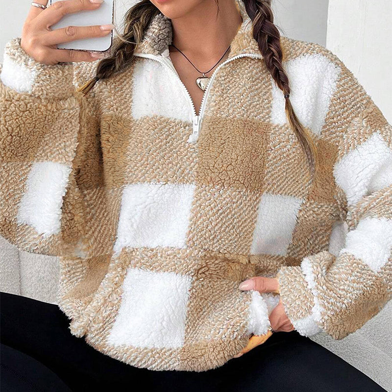 Veste Sherpa oversize pour femme à motif à carreaux et patchwork
