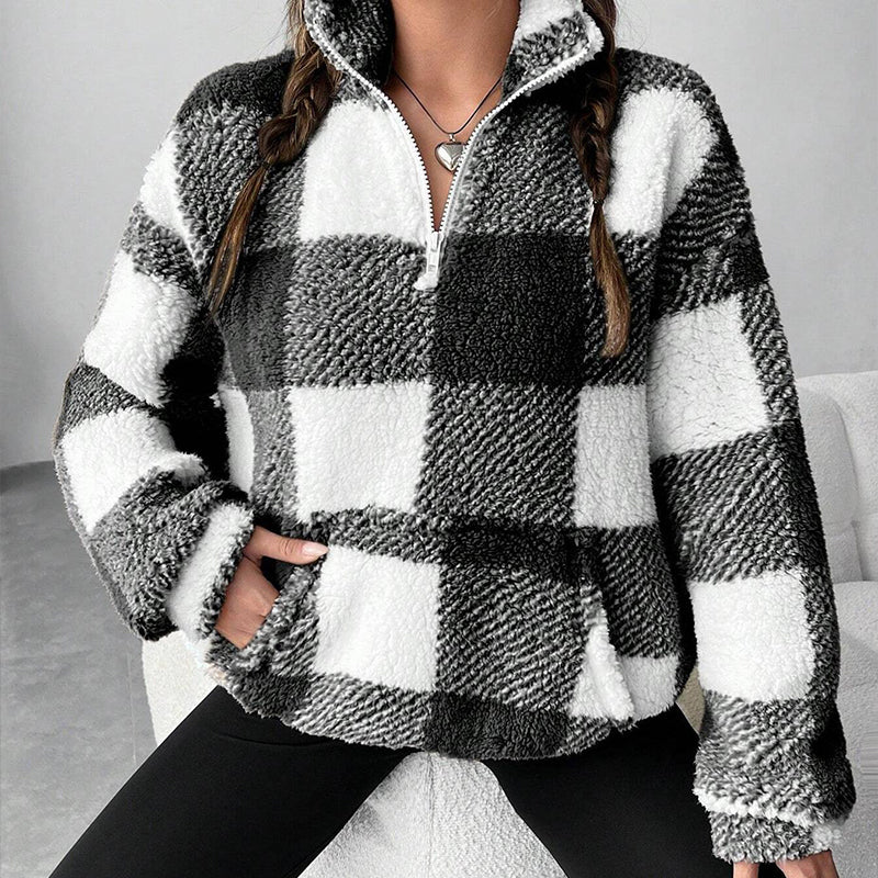 Veste Sherpa oversize pour femme à motif à carreaux et patchwork