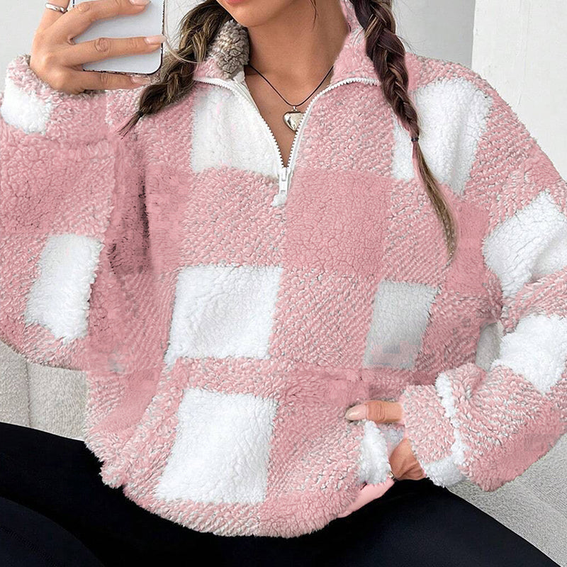 Veste Sherpa oversize pour femme à motif à carreaux et patchwork