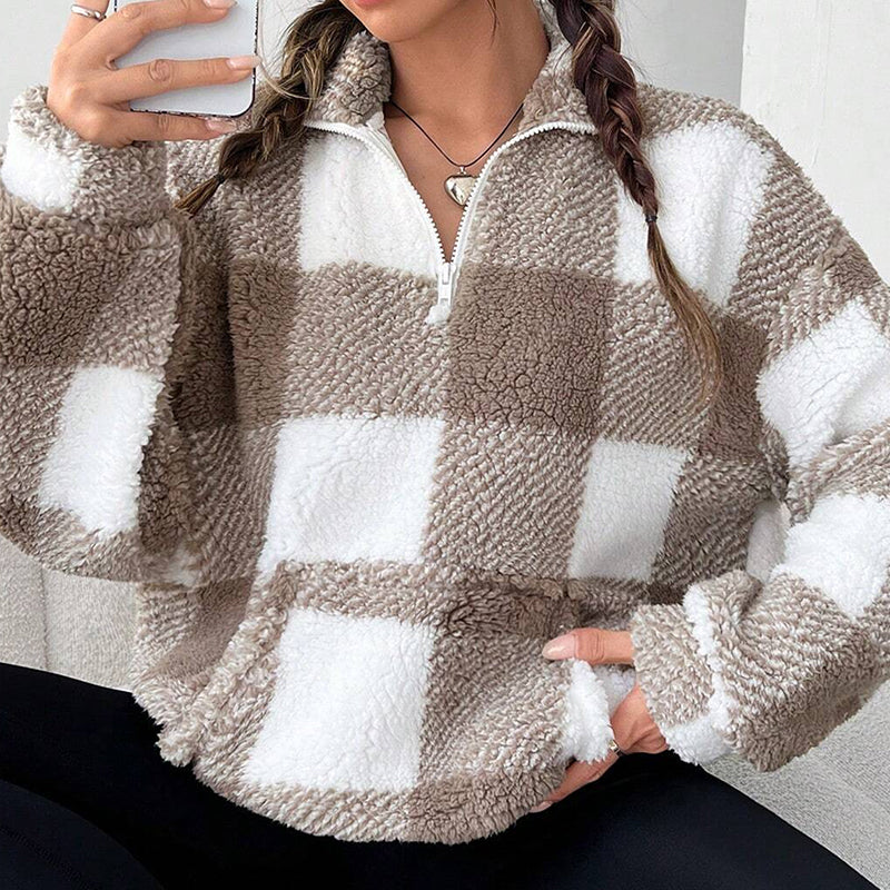 Veste Sherpa oversize pour femme à motif à carreaux et patchwork
