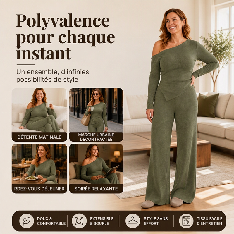 Ensemble femme à épaules dénudées : haut à manches longues et pantalon large