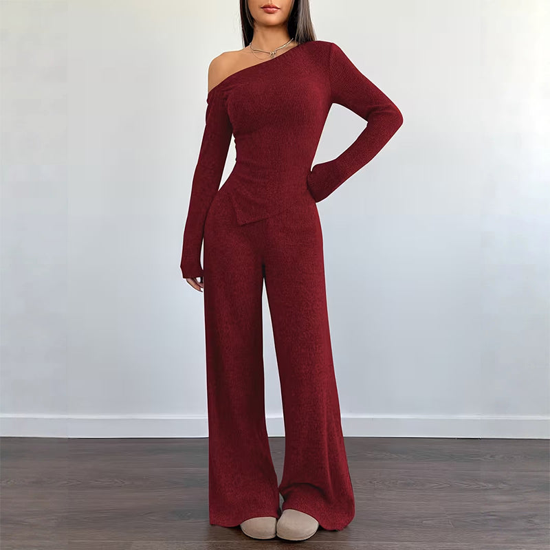 Ensemble femme à épaules dénudées : haut à manches longues et pantalon large