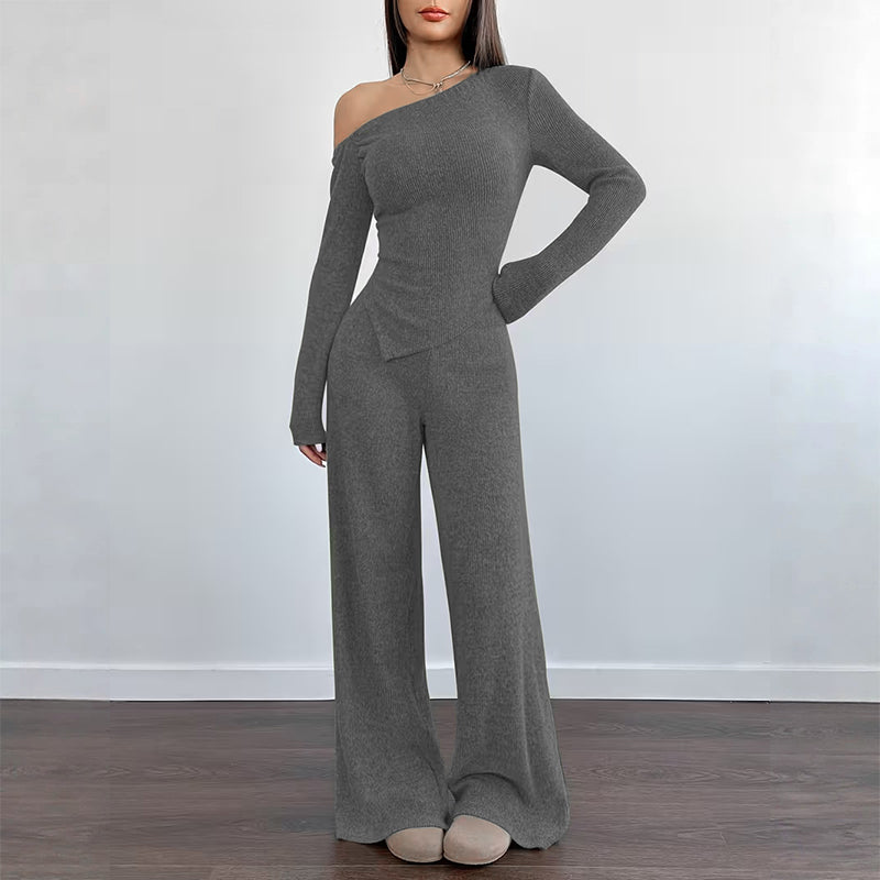 Ensemble femme à épaules dénudées : haut à manches longues et pantalon large