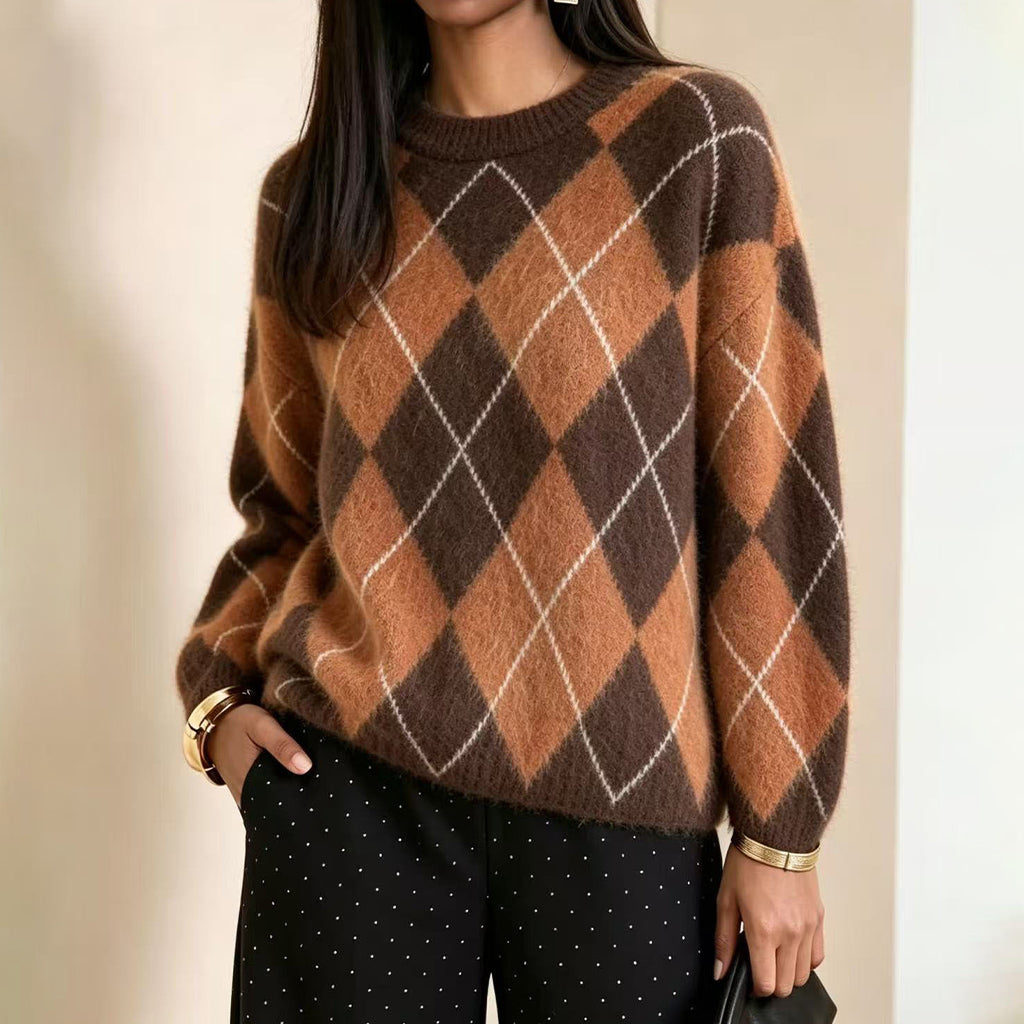 ⏰ Dernier jour de soldes – -50% de réduction ✨Pull en maille confortable pour femme avec motif losange rétro