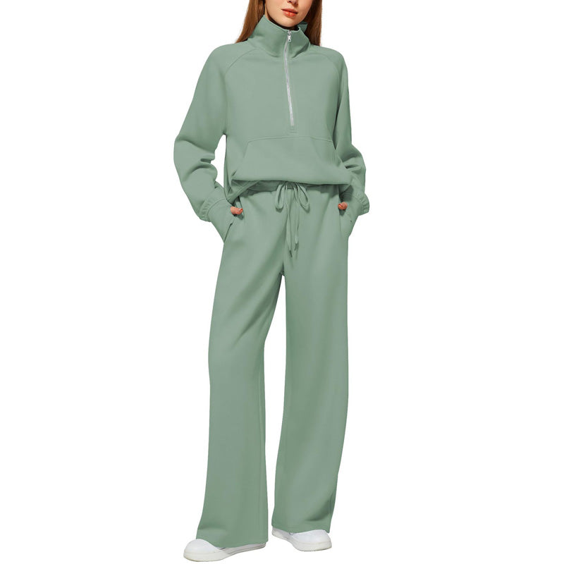 Ensemble Pull-over Zippé à Col Montant et Pantalon à Jambes Larges pour Femme
