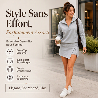 Ensemble pour femme : pull demi-zip et jupe-short portefeuille asymétrique