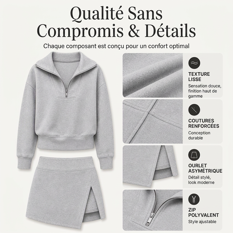 Ensemble pour femme : pull demi-zip et jupe-short portefeuille asymétrique