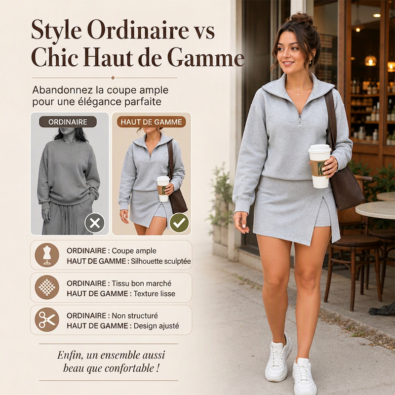 Ensemble pour femme : pull demi-zip et jupe-short portefeuille asymétrique