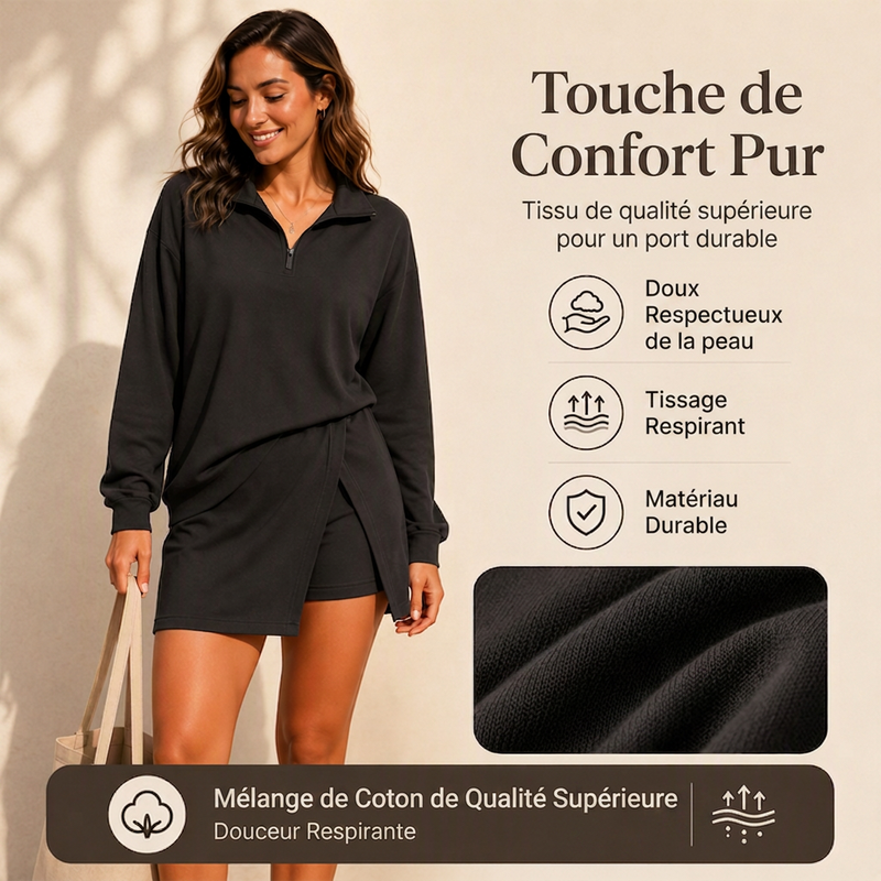 Ensemble pour femme : pull demi-zip et jupe-short portefeuille asymétrique