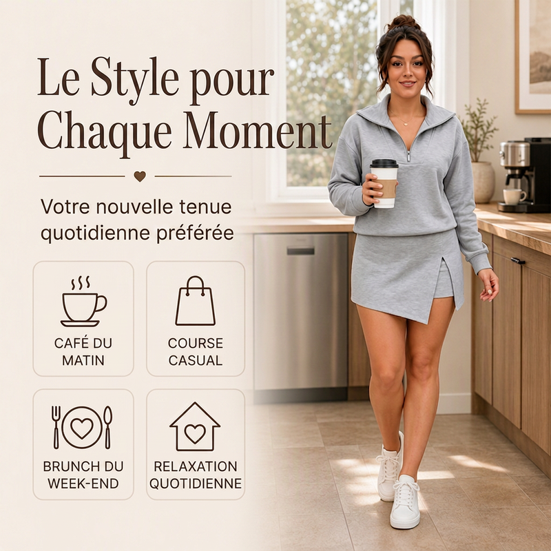 Ensemble pour femme : pull demi-zip et jupe-short portefeuille asymétrique