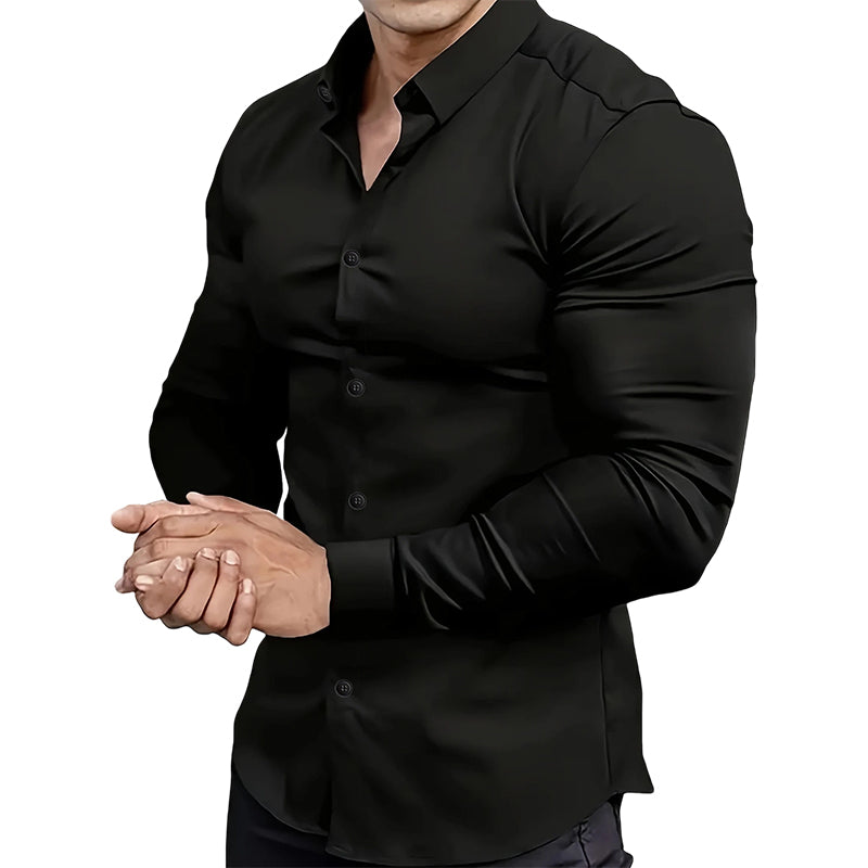 Chemise Boutonnée à Manches Longues à Col Revers de Couleur Unie pour Homme