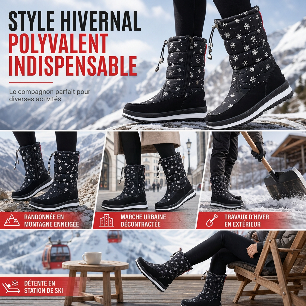 Bottes d'hiver hautes pour femme, bottines de neige imperméables et antidérapantes pour l'extérieur, à semelle épaisse et garnissage en peluche douce