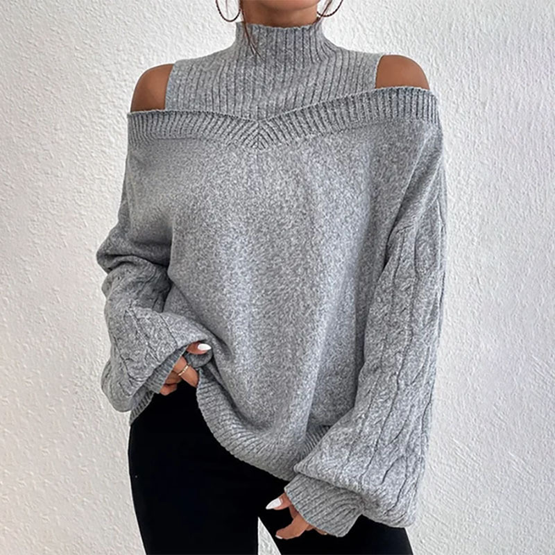 Pull en maille pour femme, col haut et épaules dénudées, tendance mode