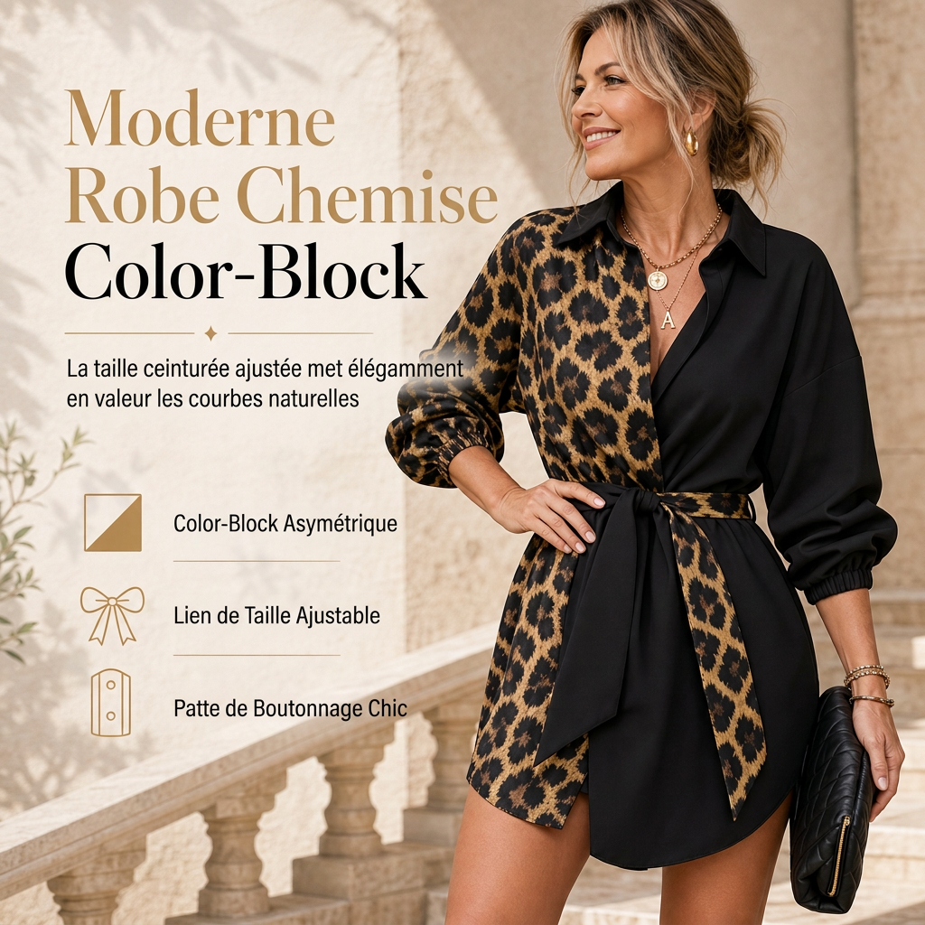 Robe courte chemise à manches longues pour femme, à imprimé léopard, avec patchwork contrasté et ceinture