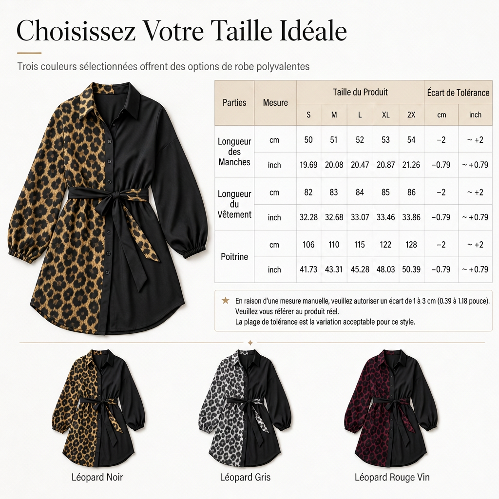 Robe courte chemise à manches longues pour femme, à imprimé léopard, avec patchwork contrasté et ceinture
