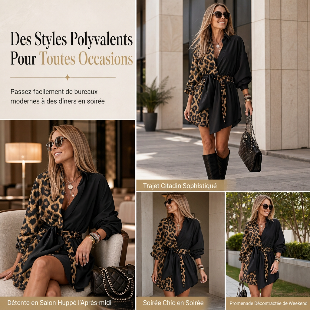 Robe courte chemise à manches longues pour femme, à imprimé léopard, avec patchwork contrasté et ceinture