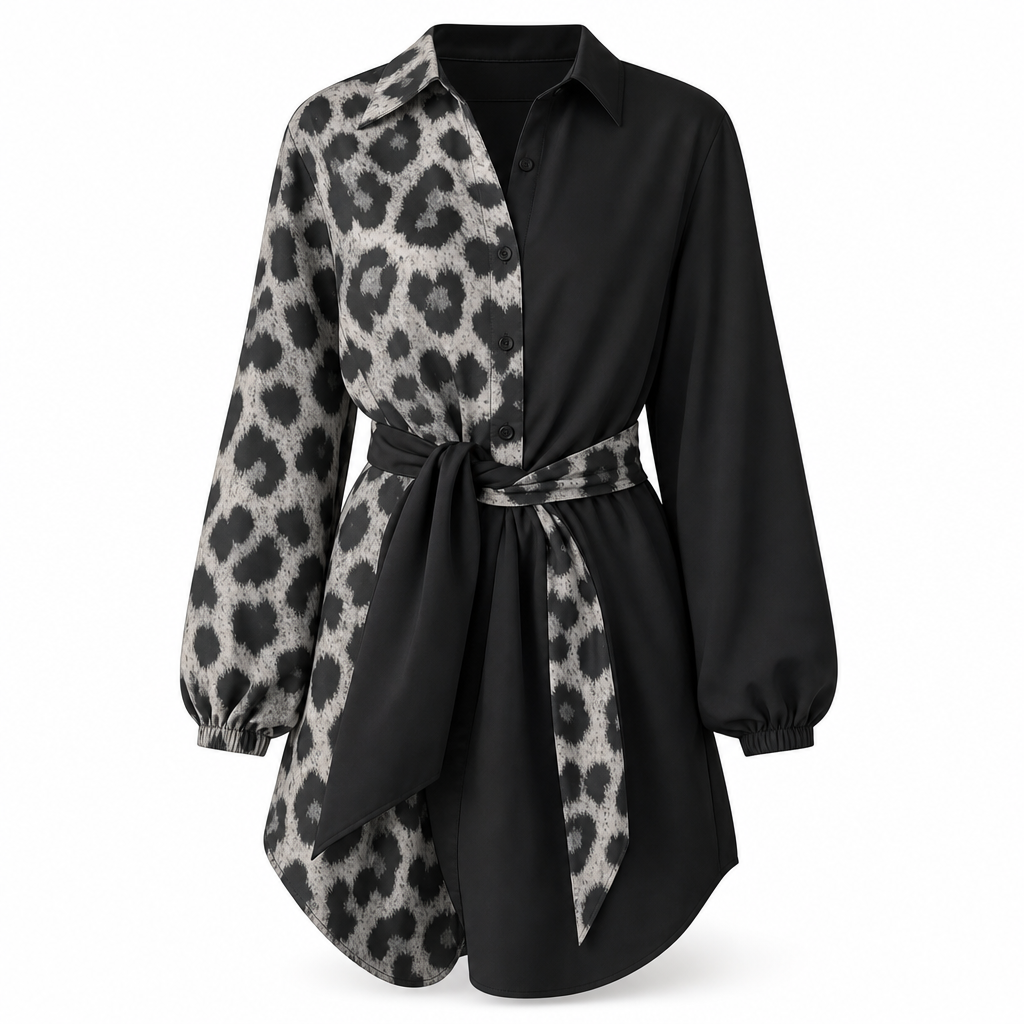 Robe courte chemise à manches longues pour femme, à imprimé léopard, avec patchwork contrasté et ceinture