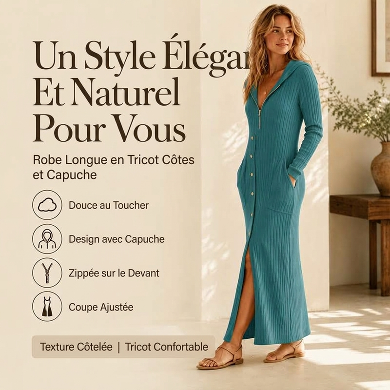 Robe longue à capuche en maille côtelée décontractée pour femme