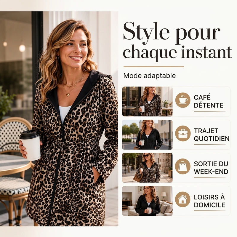 Veste à capuche réversible pour femme à imprimé léopard