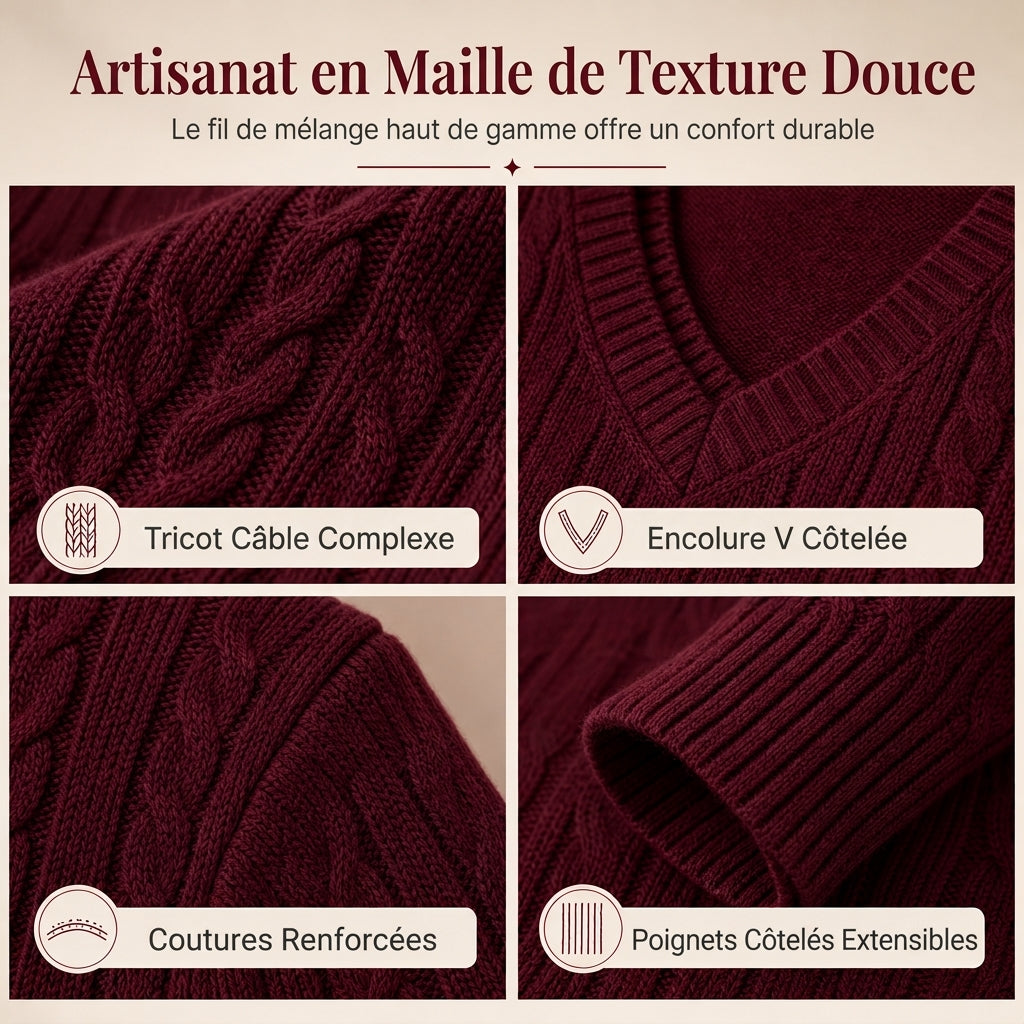 Pull en maille torsadée à col en V pour femme, manches longues, doux et chaud